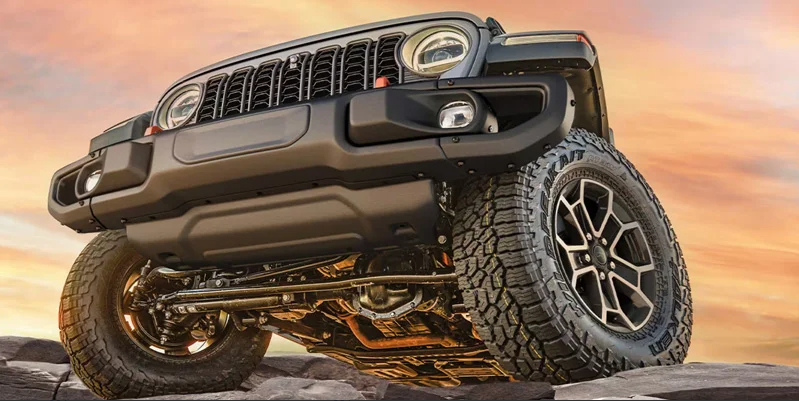 A photo of a 2026 Jeep Gladiator focused primarily on the front tires.